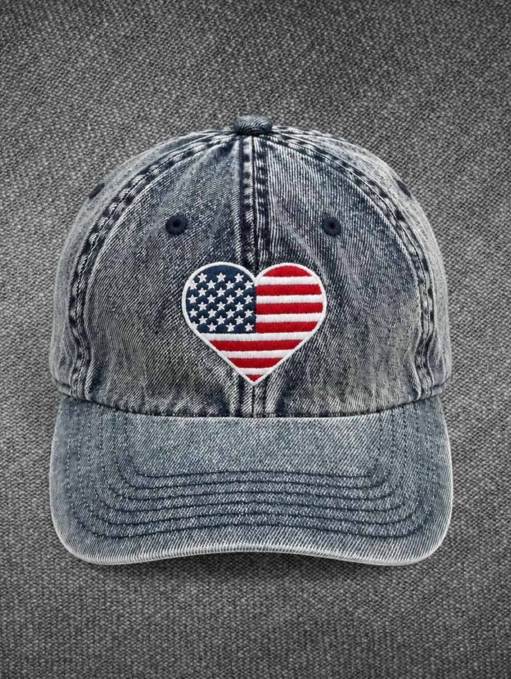 Mighty Fine Washed Denim American Flag Heart Baseball Cap
